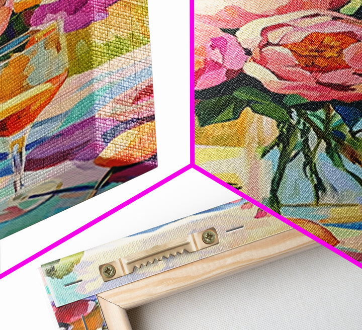 Pink Peony Bouquet With Wine And Grapes Canvas Print, French Country Kitchen Decor, Floral Wall Art, Housewarming Gift For Her