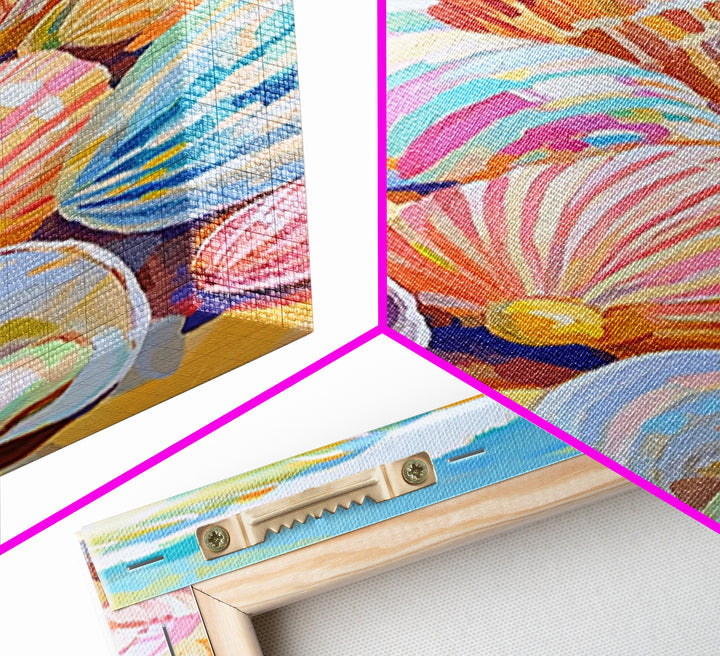 Pastel Seashells Scattered On Sunny Beach Framed Canvas Print, Coastal Wall Art, Ocean Wall Decor, Beach House Gift For Her