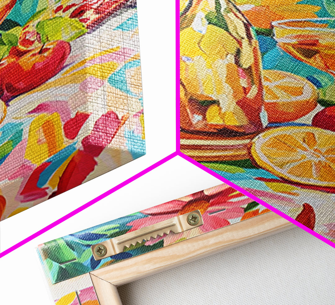 Garden Wine Bottles With Citrus Canvas Print, Colorful Kitchen Wall Art, Dining Room Decor, Wine Lover Housewarming Gift