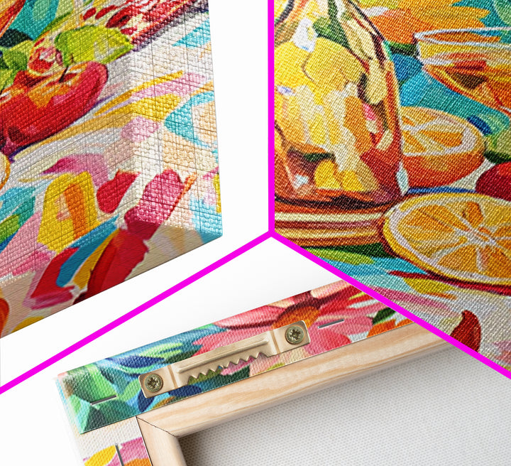 Garden Wine Bottles With Citrus Canvas Print, Colorful Kitchen Wall Art, Dining Room Decor, Wine Lover Housewarming Gift
