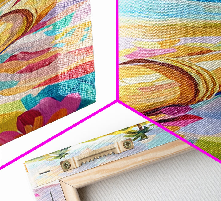 Brass Telescope On Tropical Beach Towel Wall Art, Colorful Coastal Canvas, Summer Travel Decor, Beach House Living Room Print
