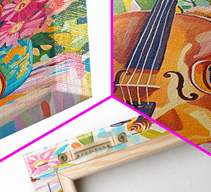 Violin With Pink Garden Flowers Framed Canvas Print, Music Wall Art, Floral Wall Decor, Gift For Music Lover, Fine Art Print