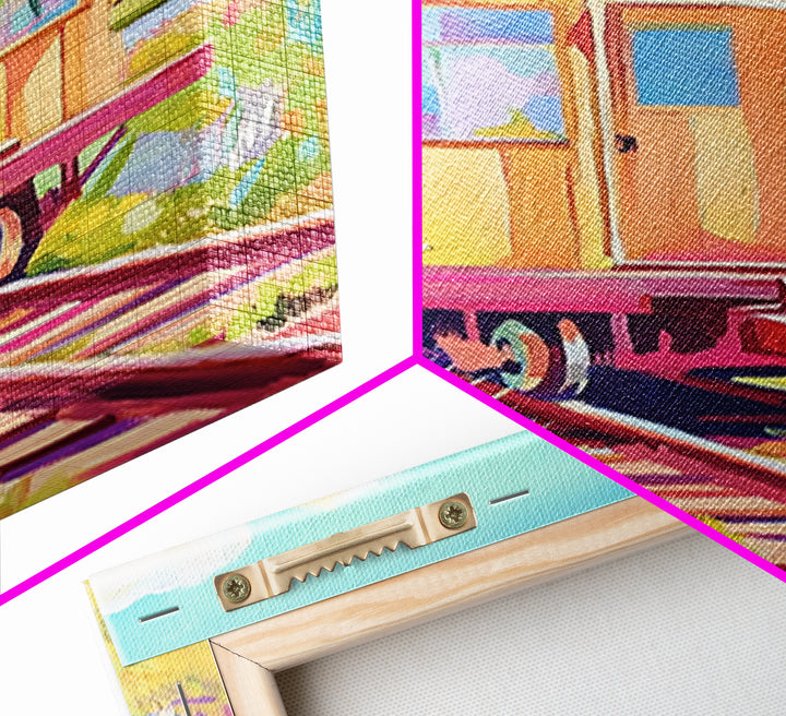 Yellow Railcar On Meadow Tracks Wall Art, Whimsical Travel Poster, Colorful Landscape Canvas Print, Eclectic Home Decor Gift