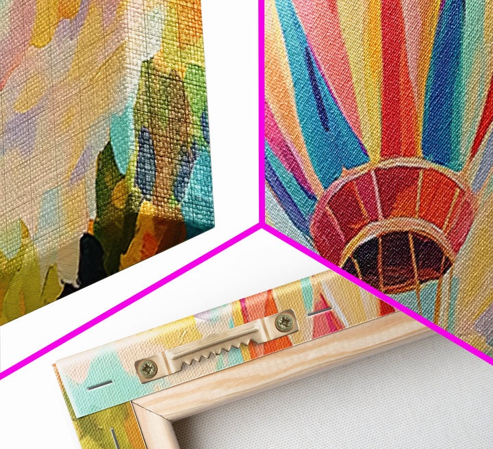 Pastel Hot Air Balloon Wall Art, Whimsical Landscape Painting, Nursery Decor, Kids Room Wall Decor, Framed Canvas Print Gift