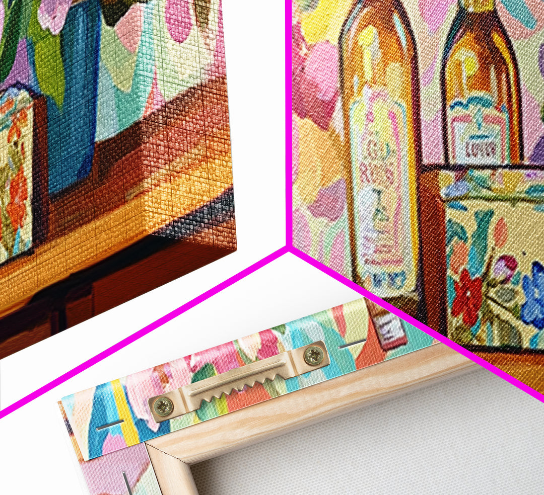 Wine Bottles And Pink Flowers Canvas Print, French Country Kitchen Decor, Winery Wall Art, Dining Room Prints, Gift For Her