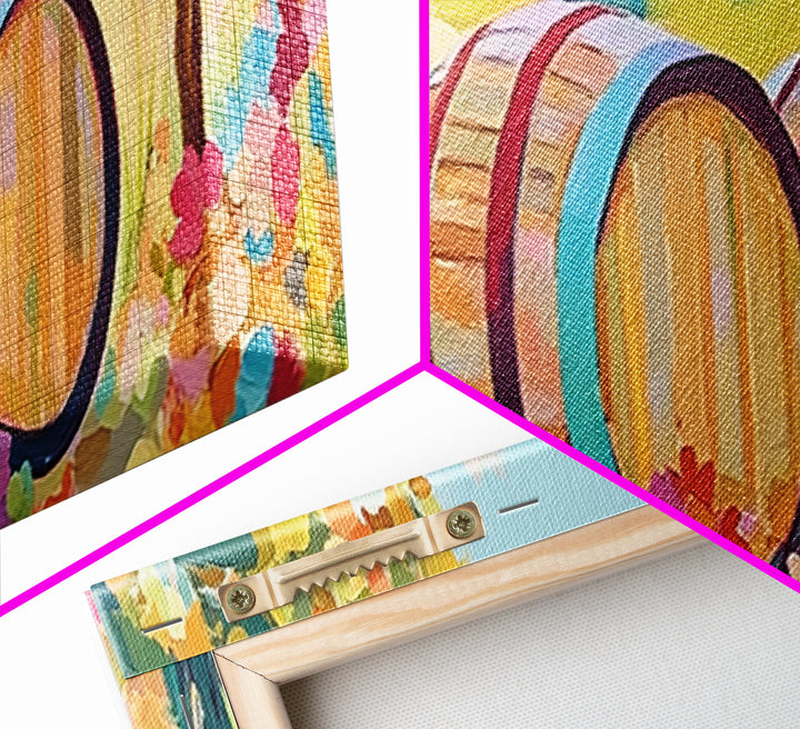 Sunny Vineyard Wine Barrels Framed Canvas Print, Wine Country Art, Rustic Wall Art, Winery Decor, Housewarming Gift Idea