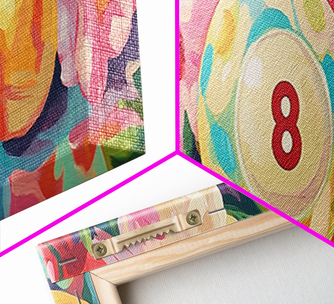 Pool Eight Ball With Pink Flowers Canvas Print, Retro Game Room Art, Billiards Wall Art, Man Cave Decor, Gift For Him Poster
