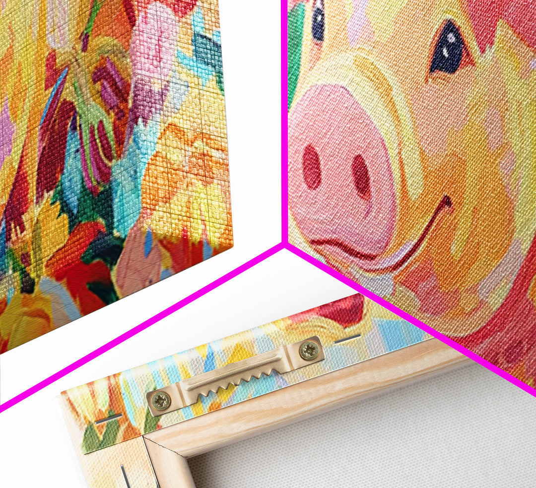 Smiling Pink Pig With Tropical Flowers Canvas Print, Whimsical Animal Wall Art, Farm Animal Nursery Decor, Cute Home Decor