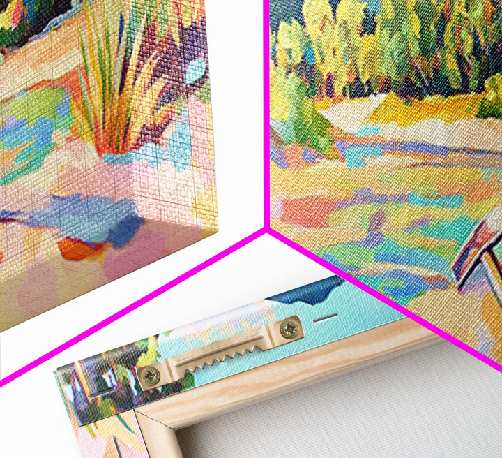 Colorful Sandy River Beach Framed Canvas Print, Coastal Wall Art, Mountain Landscape Art, Summer Decor, Housewarming Gift