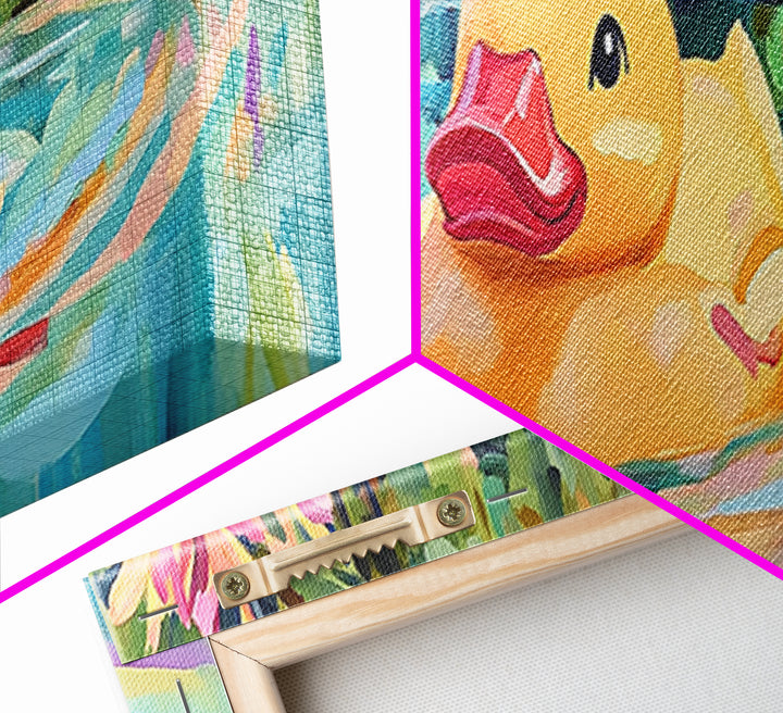 Cheerful Rubber Duck Floating In Lily Pond Wall Art, Kids Bathroom Decor, Whimsical Animal Art, Canvas Print Gift For Kids
