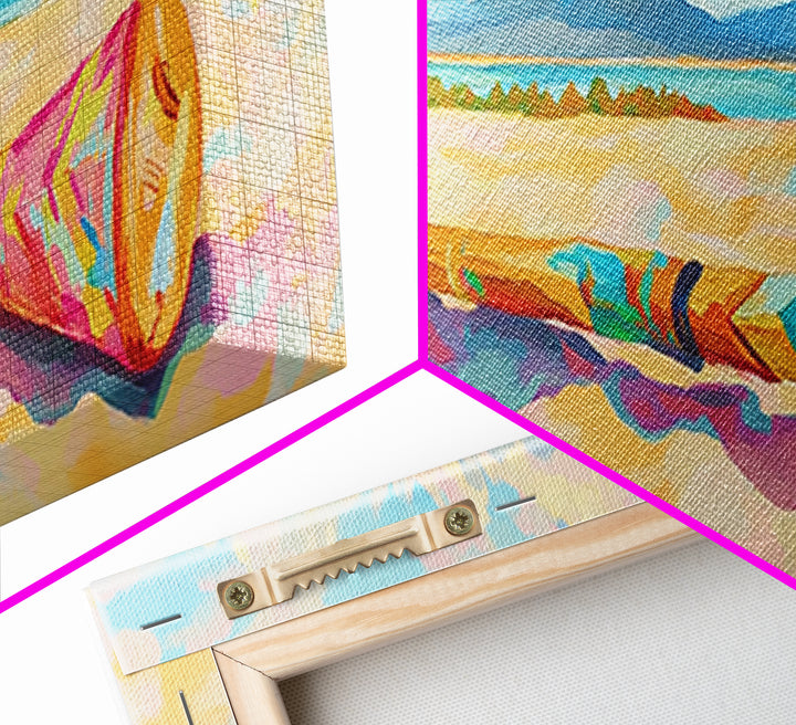 Sunny Beach With Colorful Rolled Mat Wall Art, Coastal Landscape Canvas Print, Ocean Decor, Summer Beach House Art Print