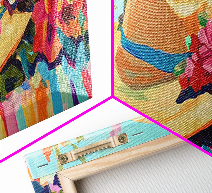 Straw Sun Hat With Tropical Flowers Canvas Print, Beach Wall Art, Coastal Cowgirl Decor, Summer Fashion Gift For Her Home Decor