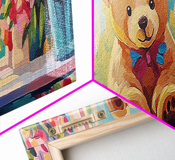 Sweet Teddy Bear By Flower Window Framed Canvas Print, Nursery Wall Art, Kids Room Decor, Whimsical Baby Girl Nursery Gift