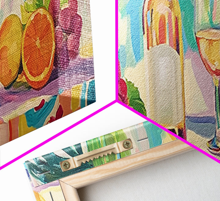 Wine Bottle With Citrus And Grapes Canvas Print, Colorful Kitchen Wall Art, Coastal Dining Room Decor, Wine Lover Gift Idea