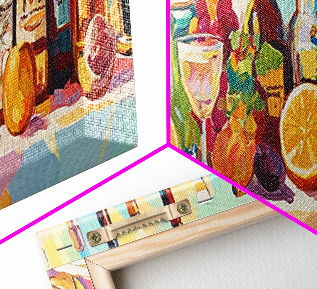 Colorful Wine Bottles And Citrus Still Life Canvas Print, Kitchen Wall Art, Dining Room Decor, Bar Cart Art, Wine Lover Gift