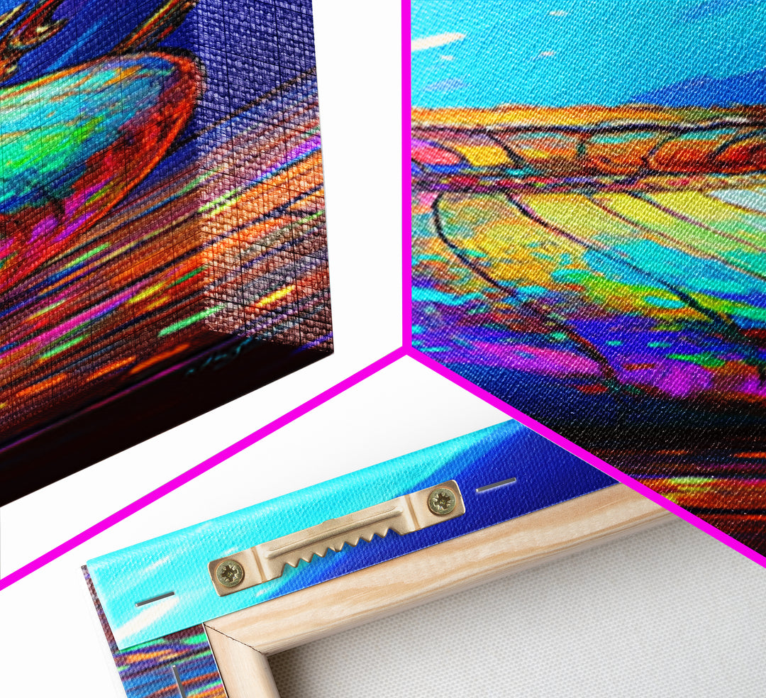 Iridescent Rainbow Pitcher In Blue Light Framed Canvas Print, Colorful Kitchen Wall Art, Modern Eclectic Home Decor Gift