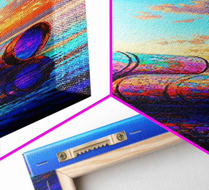 Colorful Beach Barrels Framed Canvas Print, Coastal Wall Art, Ocean Sunset Painting, Nautical Home Decor, Beach House Gift