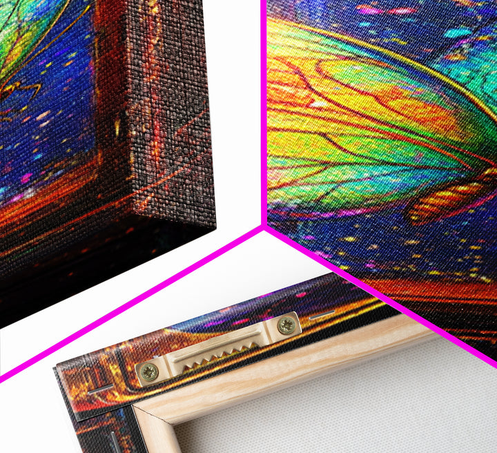 Glowing Rainbow Butterfly In Glass Case Wall Art, Celestial Fantasy Art Print, Whimsical Wall Decor, Unique Gift For Bedroom Decor