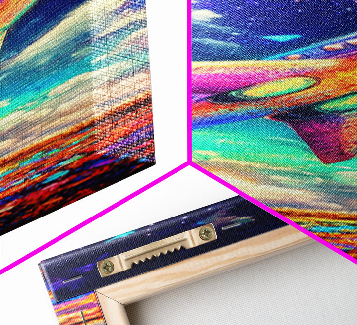 Rainbow Jet Flying Through Starry Clouds Canvas Print, Space Wall Art, Aviation Wall Decor, Kids Room Decor, Gift For Travelers