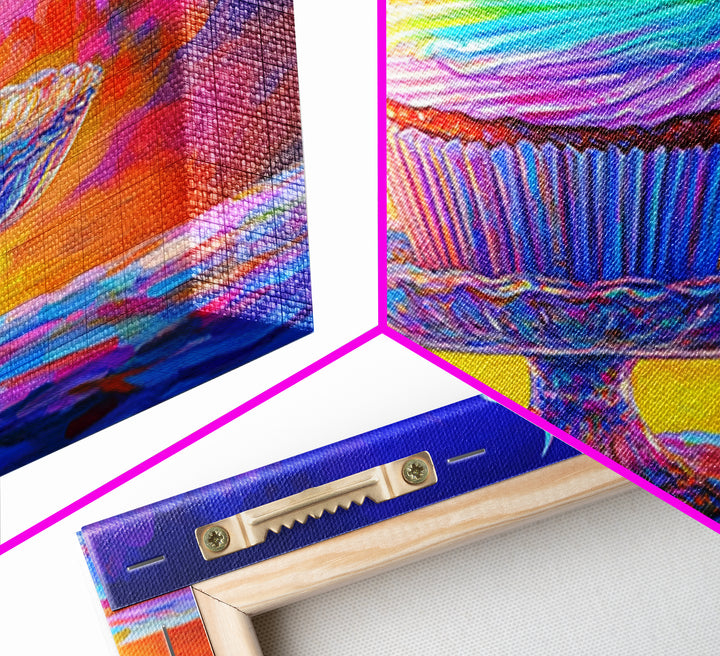 Rainbow Cupcake On Glass Stand Canvas Print, Whimsical Bakery Wall Art, Dessert Art, Kitchen Decor, Birthday Gift For Her