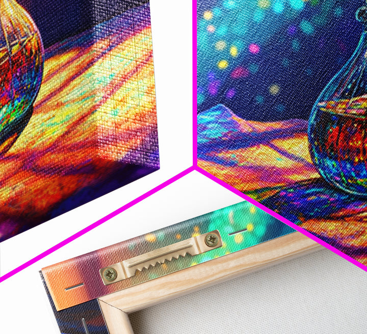 Amber Glass Perfume Bottle Wall Art, Rainbow Light Still Life Canvas Print, Elegant Bathroom Decor, Spa Wall Decor, Gift For Her