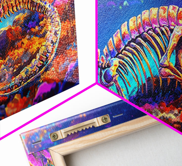 Colorful Dinosaur Skeleton Wall Art, Cosmic Fossil Fantasy Painting, Vibrant Science Decor, Kids Room Canvas Print, Dinosaur Gift