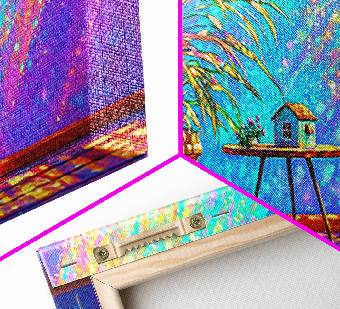 Potted Palm And Tiny House Wall Art, Rainbow Sunlit Room Still Life, Colorful Plant Decor, Modern Framed Canvas Print Gift