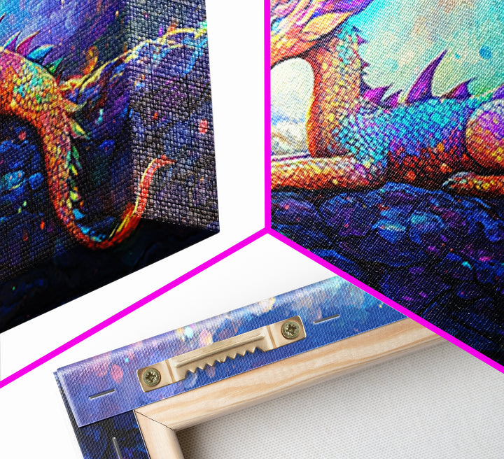 Rainbow Dragon Resting On Stone Wall Art, Whimsical Fantasy Creature Painting, Colorful Nursery Decor, Framed Canvas Print