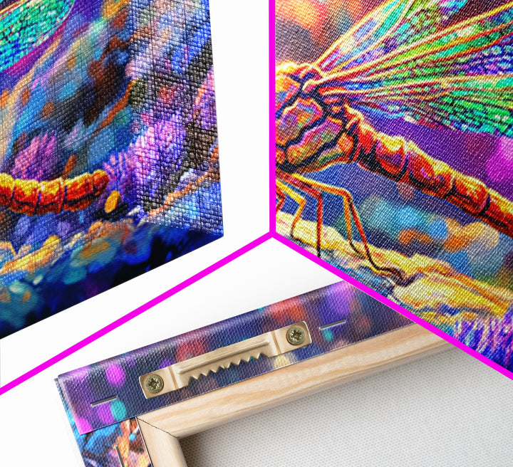 Iridescent Dragonfly On Pebble Wall Art, Colorful Nature Painting, Whimsical Insect Decor, Modern Framed Canvas Print Gift