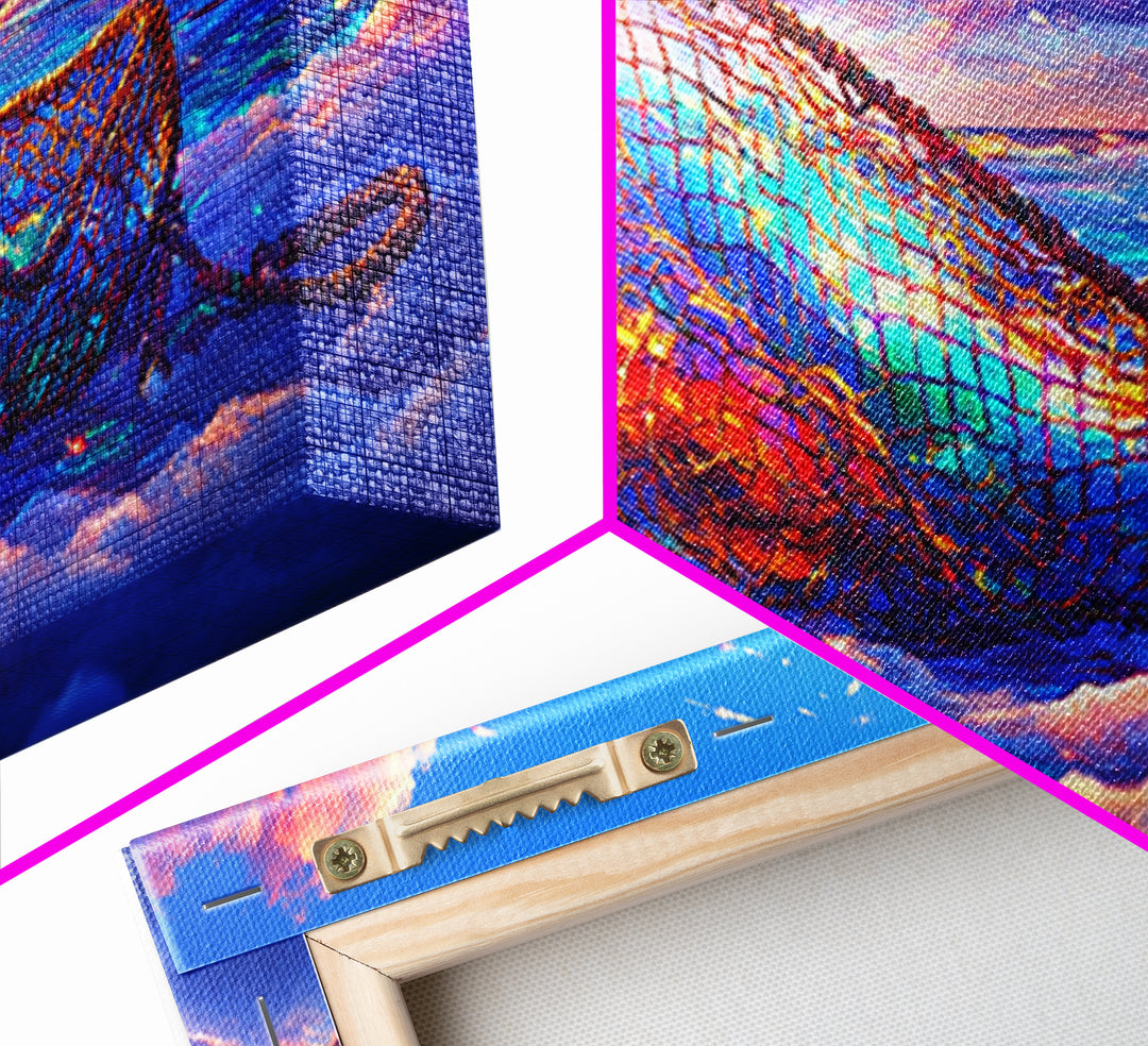 Iridescent Fishing Net On Sunset Beach Wall Art, Coastal Ocean Canvas Print, Nautical Decor, Beach House Living Room Art