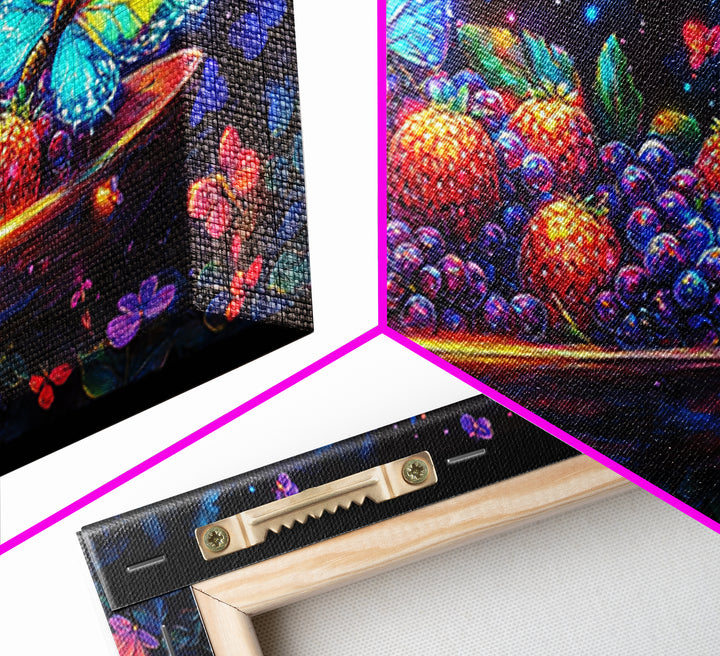 Butterflies Over Glowing Berries In Wooden Bowl Canvas Print, Whimsical Wall Art, Botanical Decor, Colorful Nature Gift
