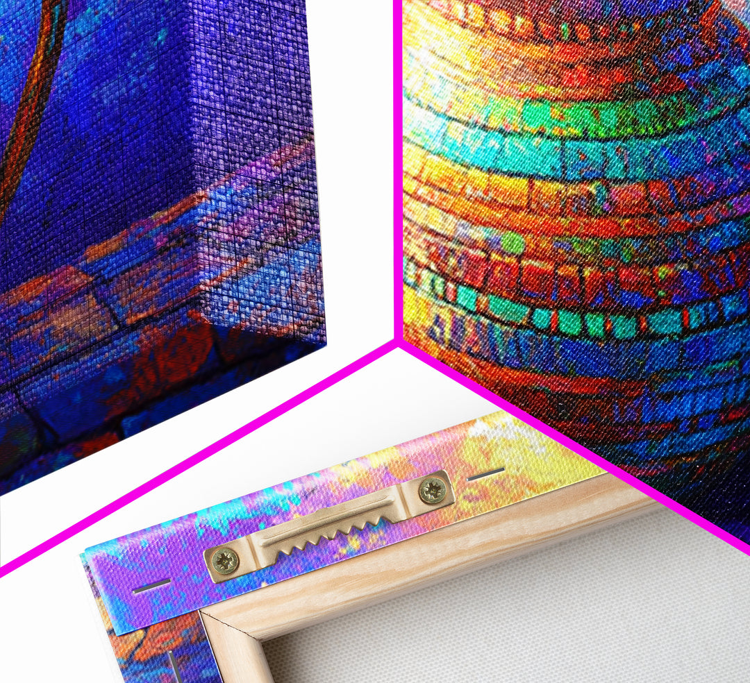 Colorful Mosaic Ceramic Pitcher Still Life Wall Art, Mediterranean Kitchen Decor, Vibrant Canvas Print, Housewarming Gift