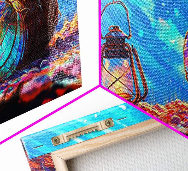 Glowing Lantern And Lobster Trap Canvas Print, Coastal Wall Art, Nautical Beach House Decor, Ocean Gift For Her, Modern Seascape Home Decor