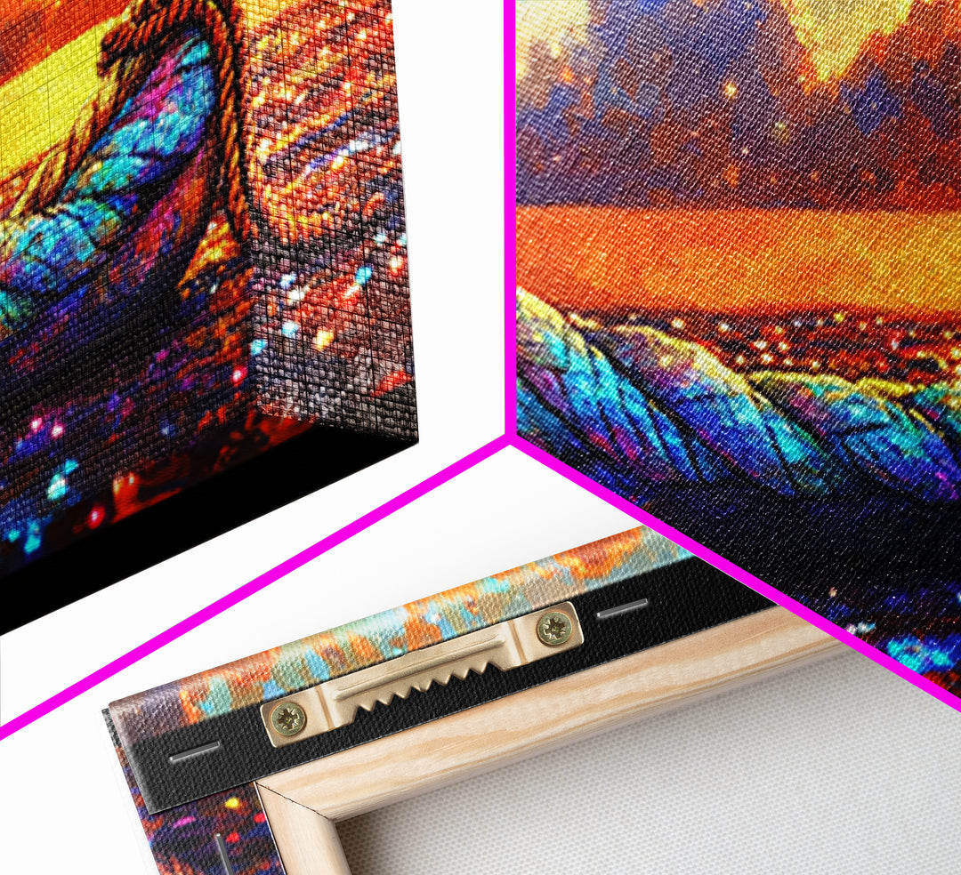 Rainbow Rope Boat At Sunset Framed Canvas Print, Coastal Wall Art, Nautical Ocean Decor, Beach House Living Room Art, Large Seascape Gift