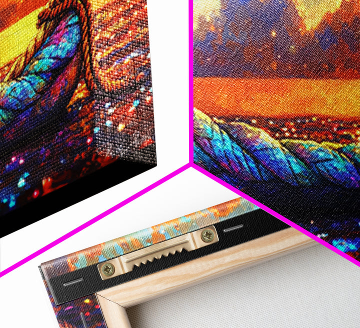 Rainbow Rope Boat At Sunset Framed Canvas Print, Coastal Wall Art, Nautical Ocean Decor, Beach House Living Room Art, Large Seascape Gift