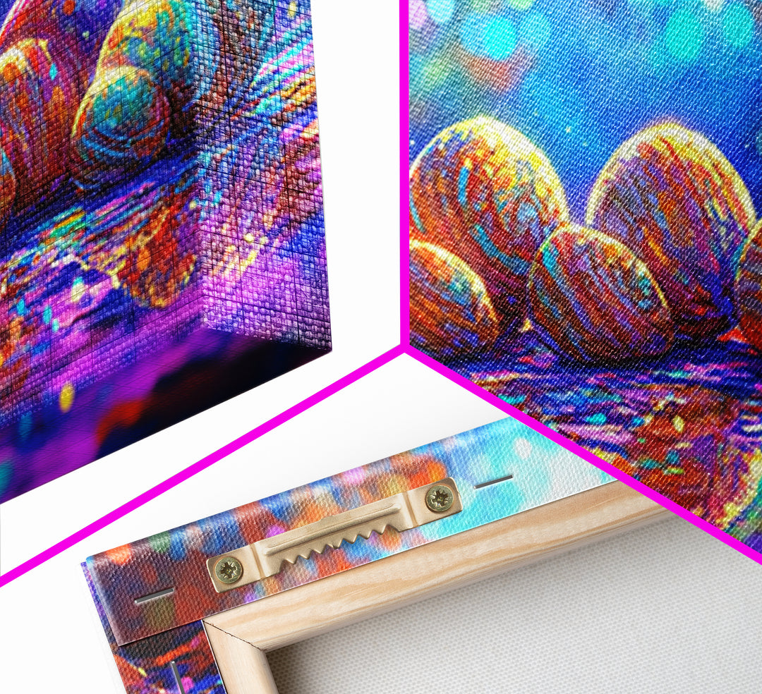 Rainbow Seashells On Shore Wall Art, Coastal Canvas Print, Beach House Decor, Ocean Nursery Art, Nautical Bathroom Decor Gift