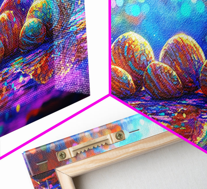 Rainbow Seashells On Shore Wall Art, Coastal Canvas Print, Beach House Decor, Ocean Nursery Art, Nautical Bathroom Decor Gift