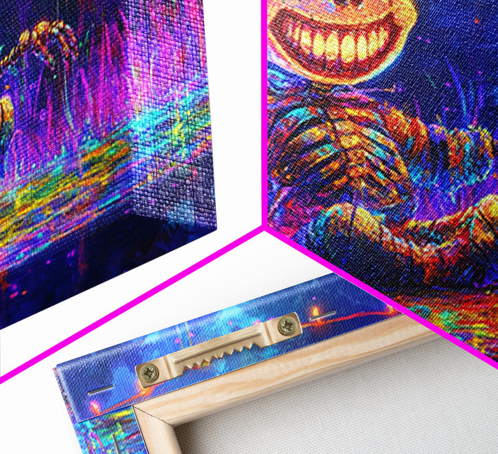 Neon Skeleton Doll In Moonlit Marsh Canvas Print, Halloween Wall Art, Gothic Decor, Whimsical Art, Spooky Kids Room Decor