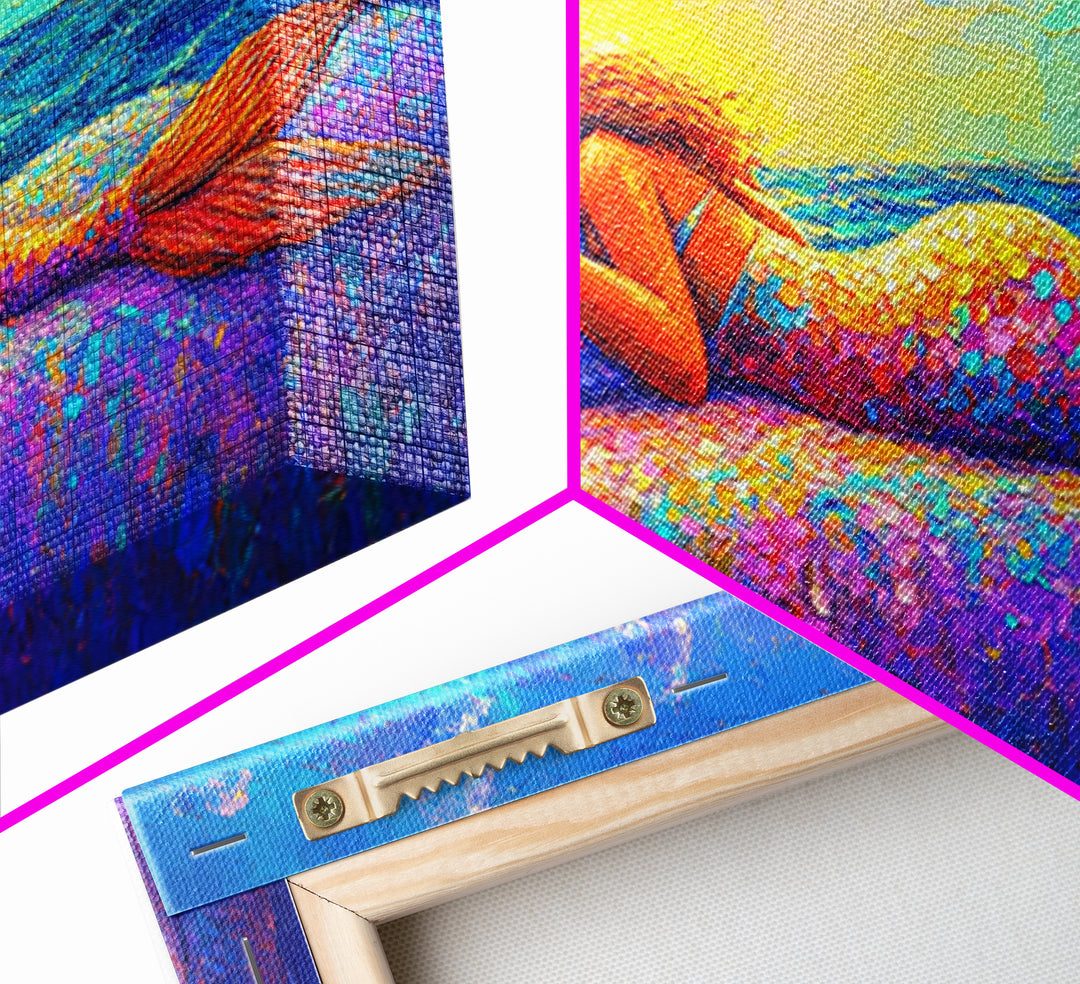 Sleeping Mermaid By Ocean Window Framed Canvas Print, Fantasy Wall Art, Coastal Bedroom Decor, Beach House Decor Gift For Her