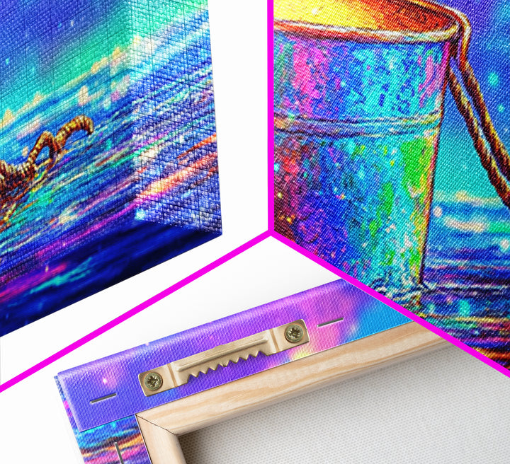 Rainbow Rusty Bucket Floating On Ocean Waves Canvas Print, Colorful Coastal Wall Art, Beach House Decor, Surreal Seascape