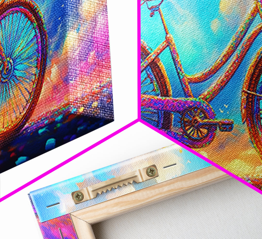 Rainbow Cruiser Bicycle Under Dreamy Clouds Canvas Print, Whimsical Wall Art, Kids Room Decor, Colorful Nursery Art Gift