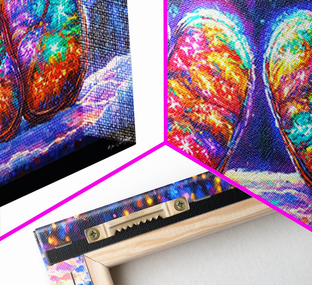 Glowing Rainbow River Stones Under Fairy Lights Canvas Print, Whimsical Wall Art, Dopamine Decor, Colorful Abstract Art Print