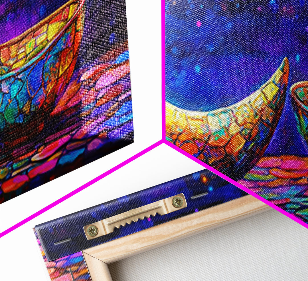 Mosaic Crescent Moon And Bowl Wall Art, Celestial Night Sky Decor, Mystical Boho Canvas, Gift For Her Home Decor, Moon Phase Art
