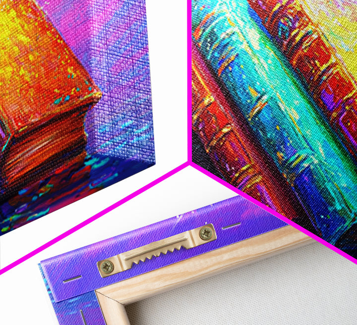 Vibrant Stacked Antique Books Canvas Print, Cozy Library Wall Art, Book Lover Gift, Reading Nook Decor, Home Office Decor