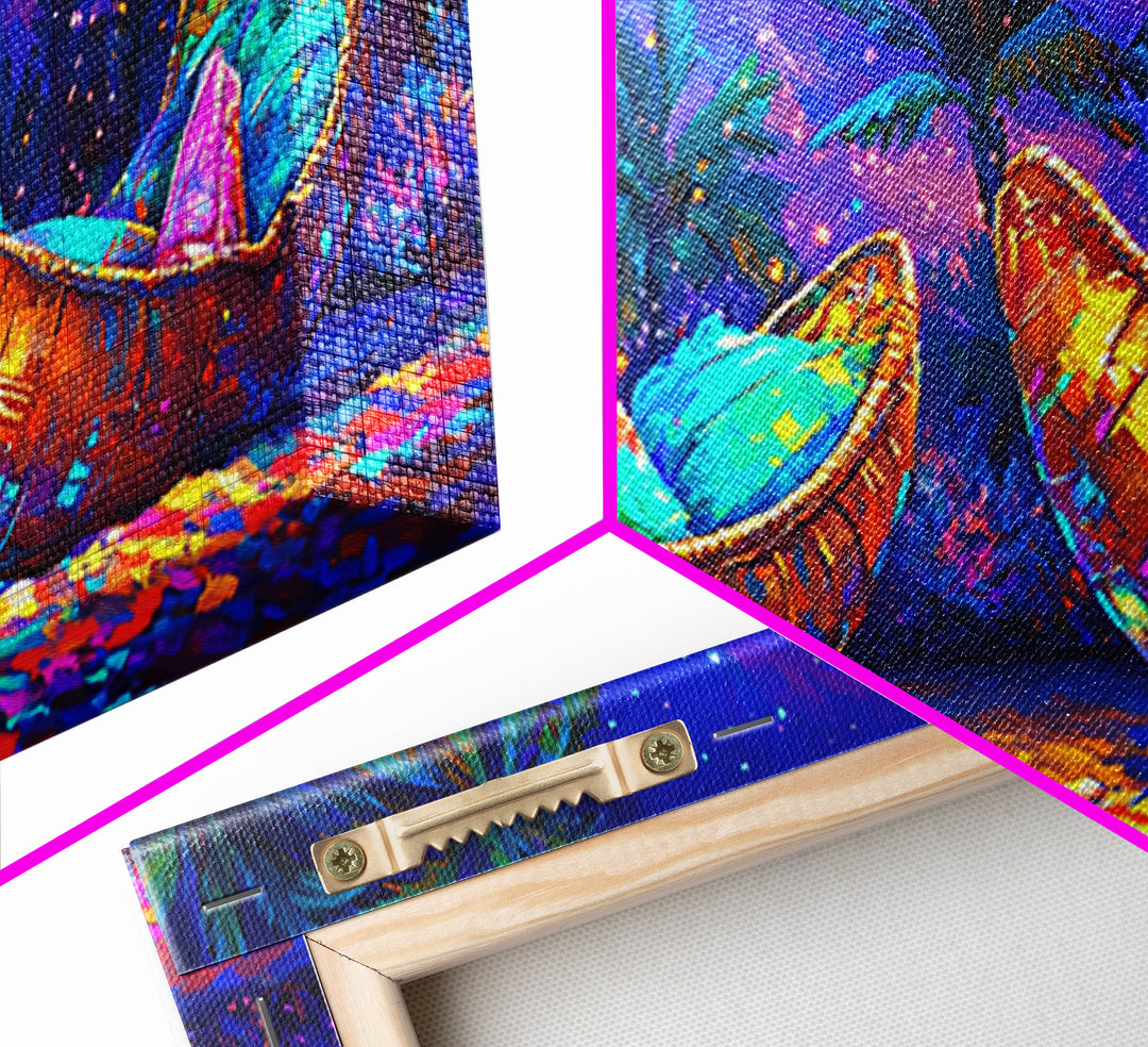 Glowing Crescent Moon Hammocks Under Palms Framed Canvas Print, Tropical Wall Art For Boho Bedroom Decor And Summer Home Decor