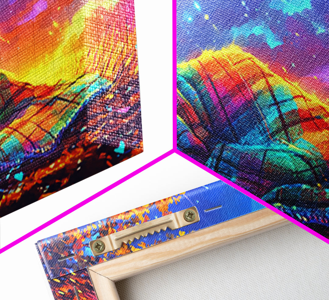 Sleeping Under Rainbow Blanket At Sunset Framed Canvas Print, Cozy Wall Art For Bedroom Decor, Calming Landscape Wall Art