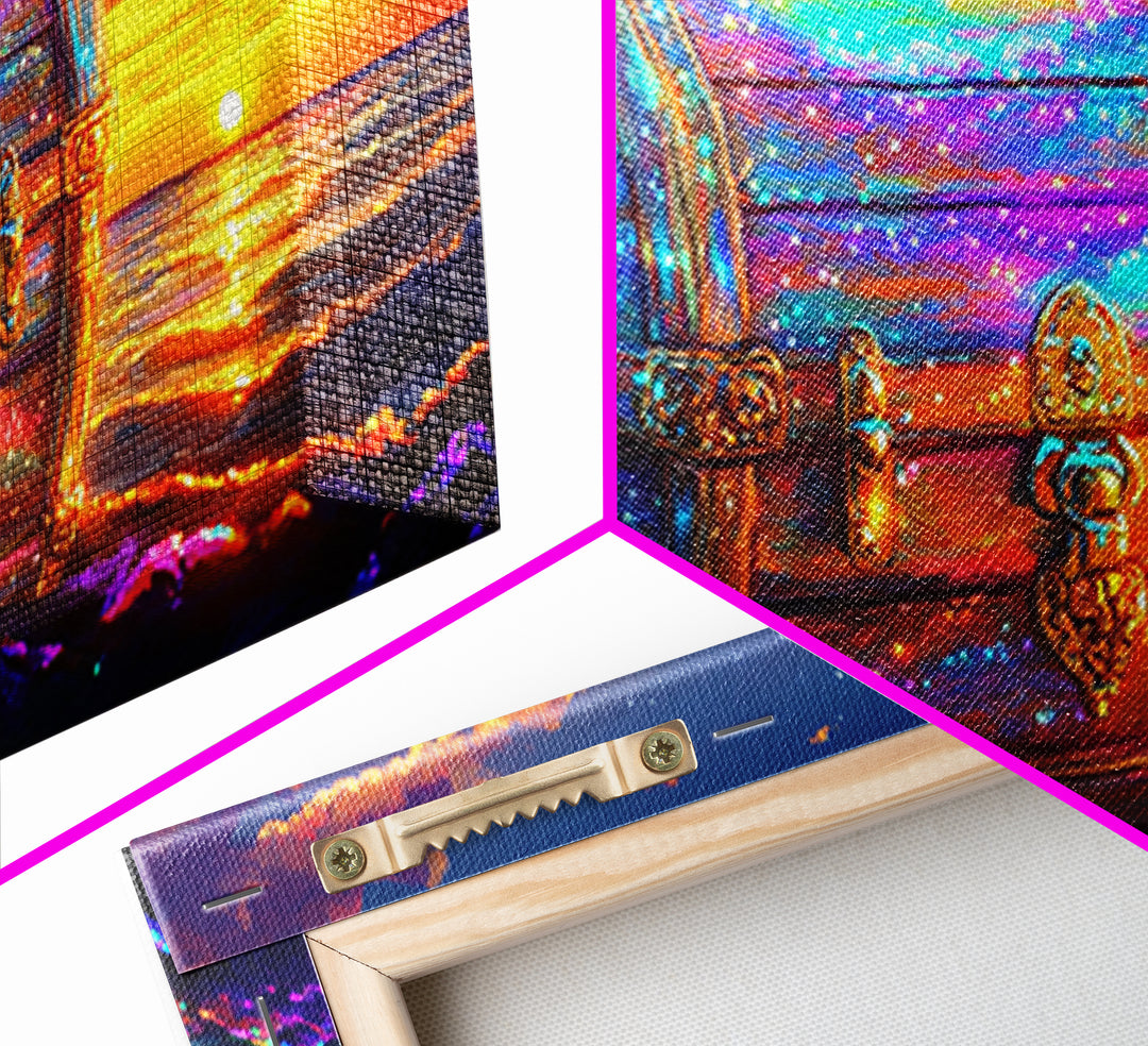 Glowing Treasure Chest At Ocean Sunset Canvas Print, Fantasy Wall Art, Coastal Decor, Adventure Gift, Beach House Decor Art