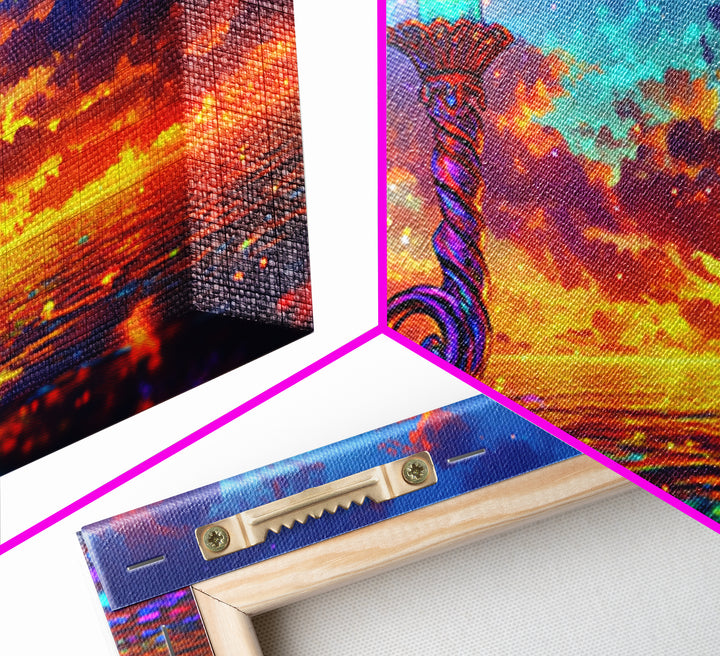 Glowing Candle Over Sunset Ocean Wall Art, Coastal Seascape Painting, Spiritual Home Decor, Calming Living Room Wall Decor