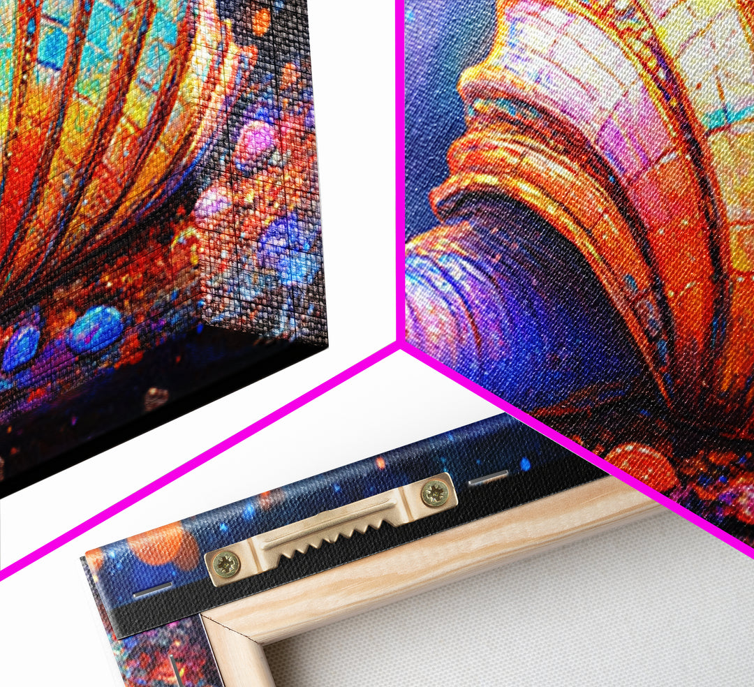 Glowing Spiral Seashell On Pebble Shore Canvas Print, Nautical Coastal Wall Art, Beach House Decor, Ocean Life Art Print