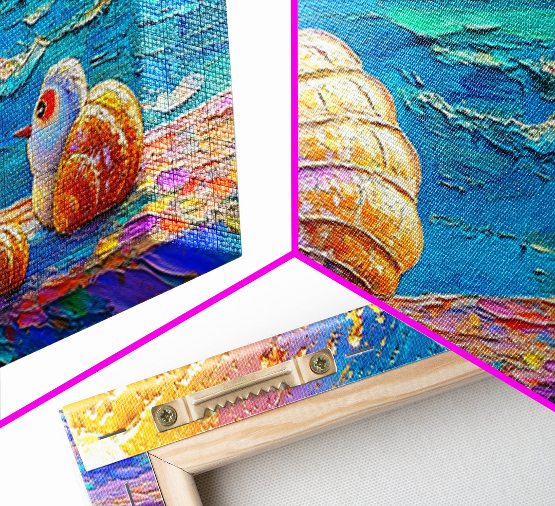 Bright Seashells And Tiny Bird By Turquoise Waves Framed Canvas Print, Coastal Wall Art, Beach House Decor, Ocean Painting
